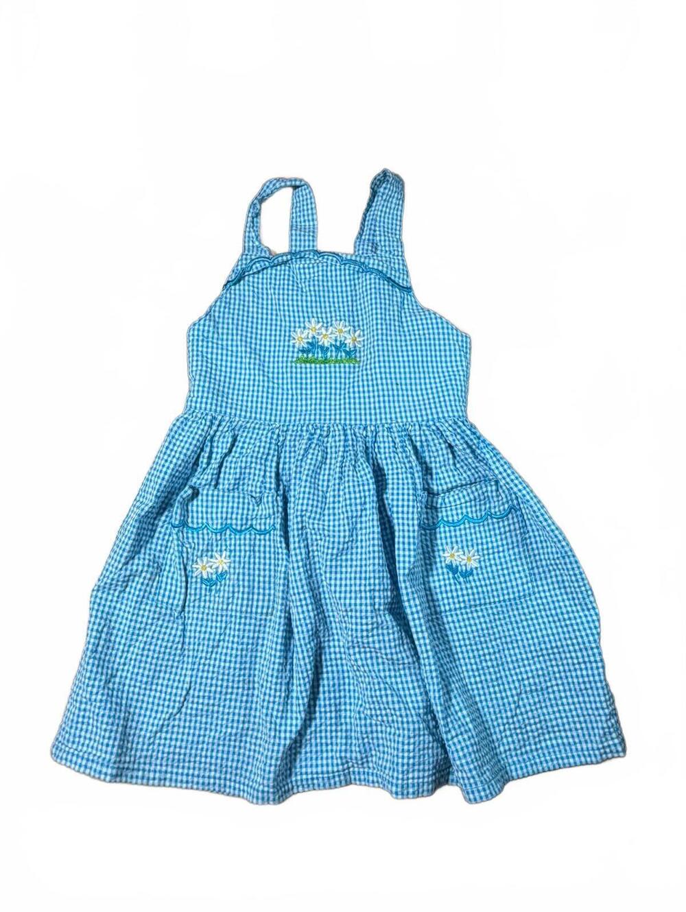 Basic Editions 90's Vintage Blue Gingham Cotton Embroidered Dress Size 6X